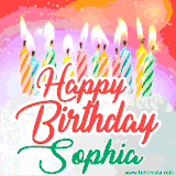 Bright birthday candles with rainbow flames on a cake, alongside the text 'Happy Birthday Sophia' in vibrant script in this celebratory animated GIF.