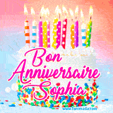 A white birthday cake covered in colorful sprinkles, topped with bright candles, and French text 'Bon Anniversaire Sophia' on a pastel gradient background in an animated GIF.