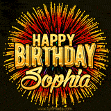 Golden 'Happy Birthday Sophia' text accompanied by animated rainbow fireworks for a festive animated greeting.