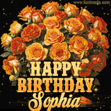 Animated bouquet of orange roses with moving butterfles and golden 'Happy Birthday Sophia' text, surrounded by sparkling accents and a dark backdrop for a luxurious feel.