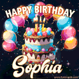 Bright birthday animation for Sophia with a chocolate cake, candles, balloons, and glowing celebratory lights.