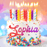 A cheerful white birthday cake with multicolor sprinkles, lit candles, and 'Sophia' written in vibrant letters, in an animated GIF.