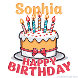 Cartoon birthday cake with a red bow, glowing candles, and 'Sophia Happy Birthday' text in bold animated style.