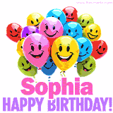 Animated colorful and joyful birthday balloons with cheerful smiles and a bright 'Happy Birthday Sophia!' message in pink and purple.