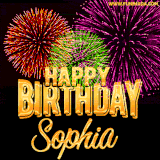 A golden 'Happy Birthday Sophia' message with vibrant fireworks in the background, creating a festive and celebratory vibe in this animated name GIF.