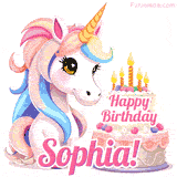An adorable animated unicorn with soft pastel colors sits beside a birthday cake with glowing candles, and a pink 'Happy Birthday Sophia!' words.