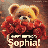 Cinematic style cute animated teddy bear with charming features holding a large bouquet of red roses, the words say 'Happy Birthday Sophia' in sans serif font.