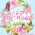 A charming animated GIF featuring 'Happy Birthday Sophia' in pink and green text, surrounded by delicate roses, leaves, and fluttering butterflies on a soft light blue pastel background.