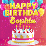 Pink-themed animated greeting with balloons, confetti, and a frosted cake under the message 'Happy Birthday Sophia' in bold rounded yellow font.