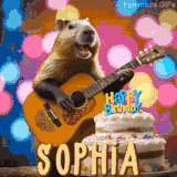 Animated birthday GIF showing a capybara playing guitar and singing beside a birthday cake with the name Sophia in large letters and colorful bokeh lights in the background.