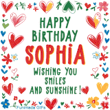 A colorful animated card for Sophia’s birthday featuring playful hearts, cheerful flowers, and a handwritten message wishing smiles and sunshine.