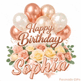 Classy Happy Birthday Sophia looping GIF with pastel balloons and greenery