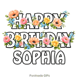 Beautiful outline typography wishing Happy Birthday to Sophia with animated flowers