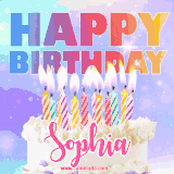 A vibrant animated name GIF with the words 'Happy Birthday Sophia' with colorful candles on a creamy cake. The background sparkles with pastel shades, adding a festive touch.