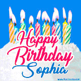 A cheerful animated GIF featuring colorful lit birthday candles on a white cake, with the text 'Happy Birthday Sophia' in bold red and blue script on a bright blue background.