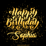 Animated GIF with colorful, festive 'Happy Birthday Sophia' text decorated with patterns, a party hat, and falling confetti. A vibrant and cheerful design for birthday celebrations.