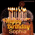 A rich chocolate cake topped with glowing birthday candles and surrounded by bright fireworks. The animated GIF displays the message 'Happy Birthday Sophia' in golden text.