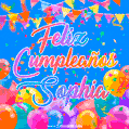 A vibrant animated GIF with 'Feliz Cumpleaños Sophia' written in colorful script, surrounded by balloons, confetti, and bunting on a bright blue background.