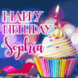 A festive animated GIF featuring a colorful cupcake with a single lit candle, sprinkles, and 'Happy Birthday Sophia' text against a sparkling, celebratory background.