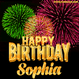 A captivating GIF with bursts of green, pink, and orange fireworks lighting up the night sky, accompanied by 'Happy Birthday Sophia' in glowing golden text.