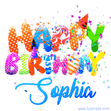 Animated GIF with colorful, festive 'Happy Birthday Sophia' text decorated with patterns, a party hat, and falling confetti. A vibrant and cheerful design for birthday celebrations.