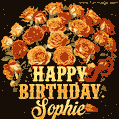 Beautiful bouquet of orange and red roses for Sophie, golden inscription and twinkling stars