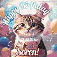 Happy birthday gif for Soren with cat and cake