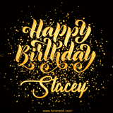 Animated GIF with colorful, festive 'Happy Birthday Stacey' text decorated with patterns, a party hat, and falling confetti. A vibrant and cheerful design for birthday celebrations.
