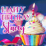 A festive animated GIF featuring a colorful cupcake with a single lit candle, sprinkles, and 'Happy Birthday Stacey' text against a sparkling, celebratory background.