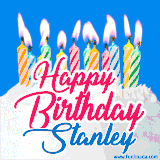 A cheerful animated GIF featuring colorful lit birthday candles on a white cake, with the text 'Happy Birthday Stanley' in bold red and blue script on a bright blue background.