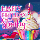 A festive animated GIF featuring a colorful cupcake with a single lit candle, sprinkles, and 'Happy Birthday Stanley' text against a sparkling, celebratory background.