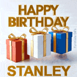 Clean and professional 3D animated Happy Birthday Stanley design featuring three bouncing gifts casting dynamic shadows on a white studio floor