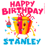 A funny animated birthday GIF with the words 'Happy Birthday Stanleya', colorful gift box with arms and legs, holding a cupcake with a lit candle  with confetti everywhere.