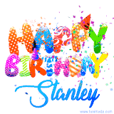 Animated GIF with colorful, festive 'Happy Birthday Stanley' text decorated with patterns, a party hat, and falling confetti. A vibrant and cheerful design for birthday celebrations.
