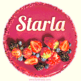 Beautifully decorated red velvet berry birthday cake with vibrant fruits and a glowing 'Starla' name, adding a touch of sweetness and sparkle.