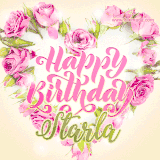 A stunning heart made of pink roses surrounds the elegant script text 'Happy Birthday Starla' on a soft beige background. Animated sparkles add a magical and festive feel.