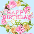 A charming animated GIF featuring 'Happy Birthday Stefani' in pink and green text, surrounded by delicate roses, leaves, and fluttering butterflies on a soft light blue pastel background.