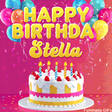 Pink-themed animated greeting with balloons, confetti, and a frosted cake under the message 'Happy Birthday Stella' in bold rounded yellow font.