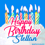 A cheerful animated GIF featuring colorful lit birthday candles on a white cake, with the text 'Happy Birthday Stellan' in bold red and blue script on a bright blue background.