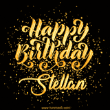 Animated GIF with colorful, festive 'Happy Birthday Stellan' text decorated with patterns, a party hat, and falling confetti. A vibrant and cheerful design for birthday celebrations.