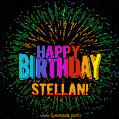 A colorful animated GIF featuring the text 'Happy Birthday Stellan!' in rainbow colors with a dynamic iridescent firework display in the background.