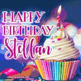 A festive animated GIF featuring a colorful cupcake with a single lit candle, sprinkles, and 'Happy Birthday Stellan' text against a sparkling, celebratory background.
