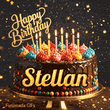 Close-up of multicolored whipped cream peaks on a chocolate cake with lit candles and a golden script topper for Stellan
