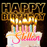 A vibrant animated GIF featuring a delicious birthday cake topped with glowing candles and the name 'Stellan' in elegant script, and the words 'Happy Birthday' on the black background.