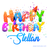 Animated GIF with colorful, festive 'Happy Birthday Stellan' text decorated with patterns, a party hat, and falling confetti. A vibrant and cheerful design for birthday celebrations.