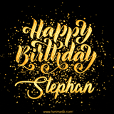 Animated GIF with colorful, festive 'Happy Birthday Stephan' text decorated with patterns, a party hat, and falling confetti. A vibrant and cheerful design for birthday celebrations.