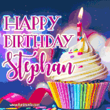 A festive animated GIF featuring a colorful cupcake with a single lit candle, sprinkles, and 'Happy Birthday Stephan' text against a sparkling, celebratory background.