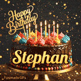 Happy Birthday Stephan animated image displaying a classic chocolate cake on a pedestal surrounded by warm candle glow.