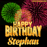A captivating GIF with bursts of green, pink, and orange fireworks lighting up the night sky, accompanied by 'Happy Birthday Stephan' in glowing golden text.
