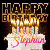 A vibrant animated GIF featuring a delicious birthday cake topped with glowing candles and the name 'Stephan' in elegant script, and the words 'Happy Birthday' on the black background.